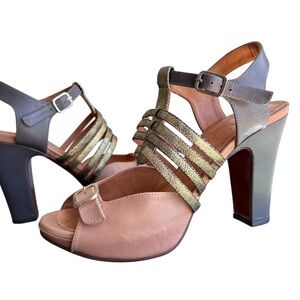 Chie Mihara Leather Strappy Sandal Boho Colorblock Gold Tan Block EU 39 US 9